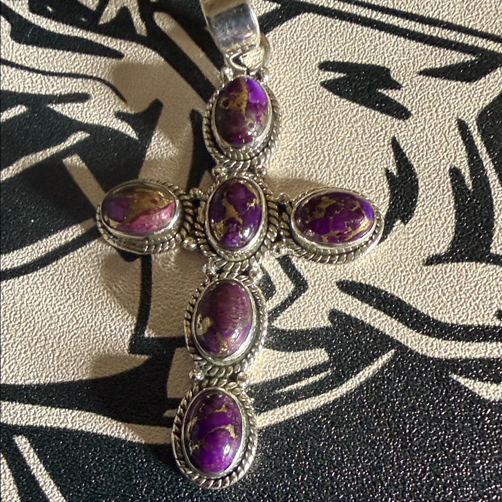 Beautiful Purple Mojave Turquoise Cross Pendent .925 Sterling Silver